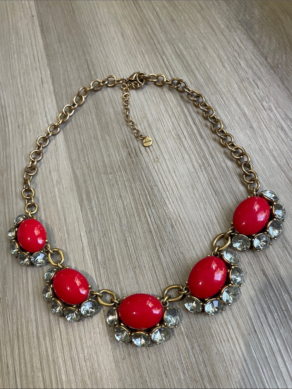 Stella & Dot Gold-Tone Necklace with Red Stones and Clear Crystals
